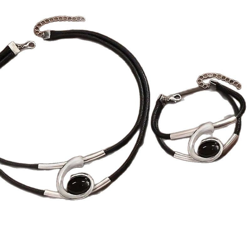Gold or Silver Geometric Necklace & Bracelet Set with Black Stone | Modern Statement Jewelry