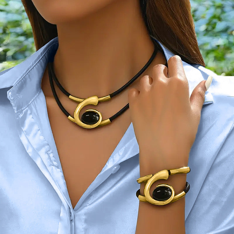 Gold or Silver Geometric Necklace & Bracelet Set with Black Stone | Modern Statement Jewelry