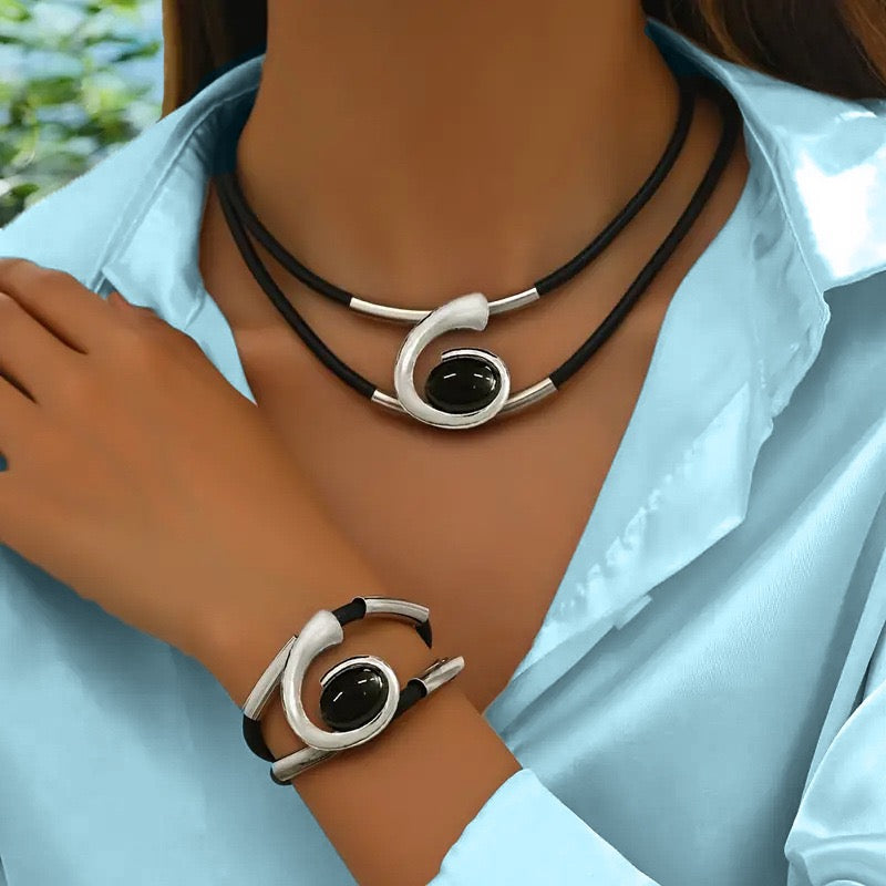 Gold or Silver Geometric Necklace & Bracelet Set with Black Stone | Modern Statement Jewelry