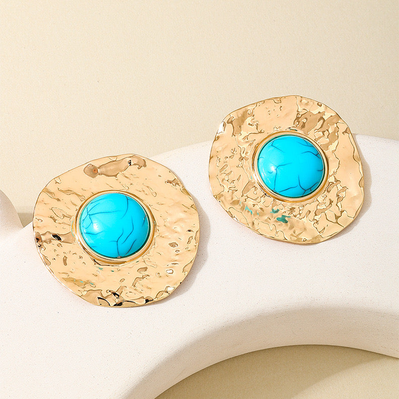 Gold Hammered Necklace & Earring Set with Turquoise Stone | Statement Jewelry for Women