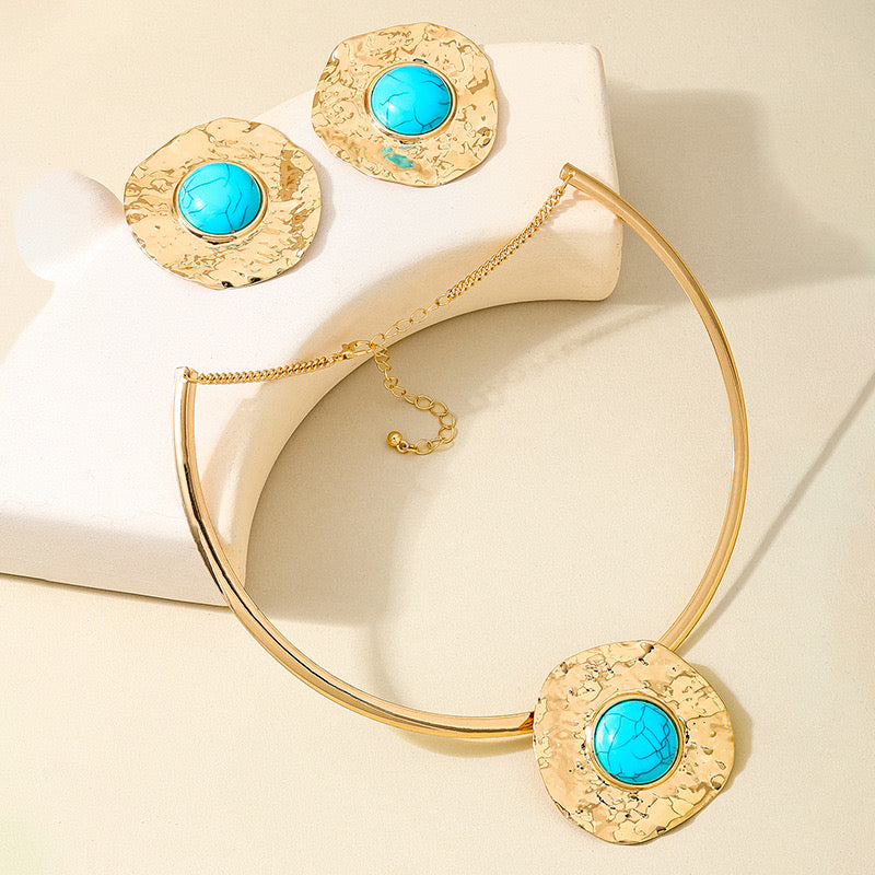 Gold Hammered Necklace & Earring Set with Turquoise Stone | Statement Jewelry for Women
