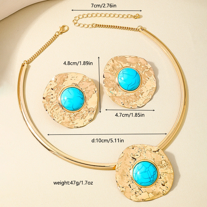 Gold Hammered Necklace & Earring Set with Turquoise Stone | Statement Jewelry for Women