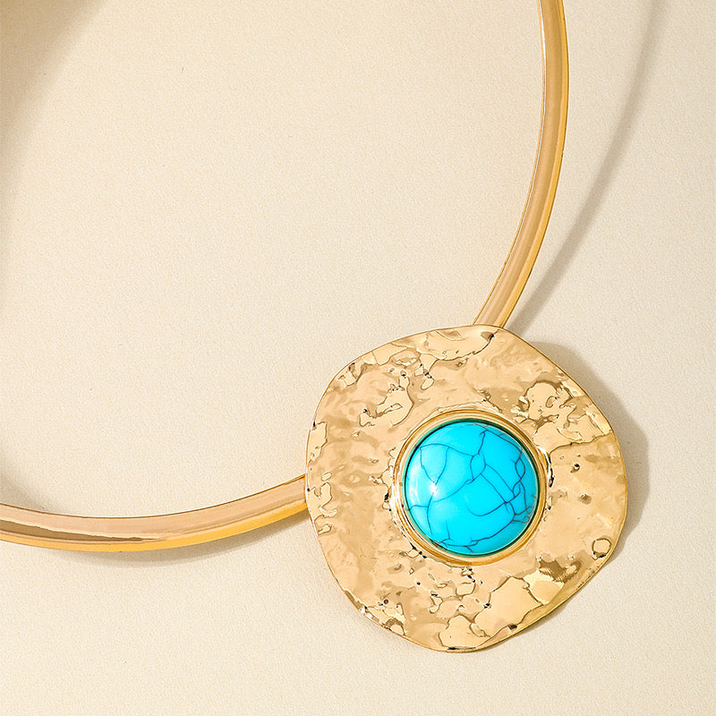 Gold Hammered Necklace & Earring Set with Turquoise Stone | Statement Jewelry for Women