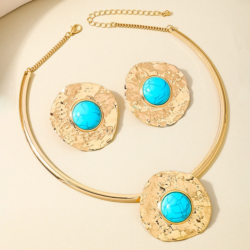 Gold Hammered Necklace & Earring Set with Turquoise Stone | Statement Jewelry for Women