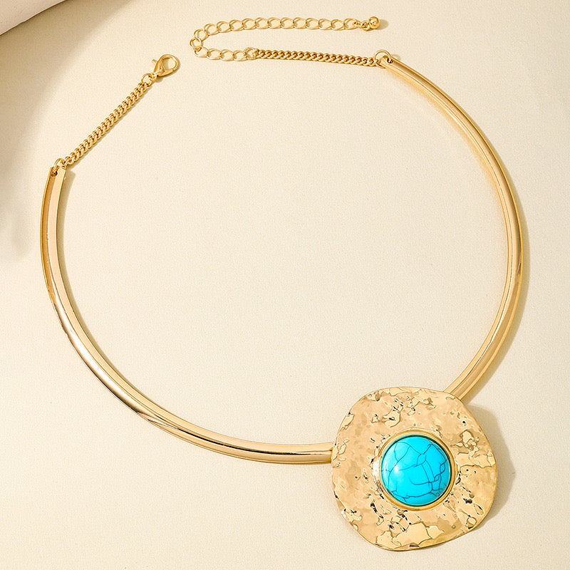 Gold Hammered Necklace & Earring Set with Turquoise Stone | Statement Jewelry for Women