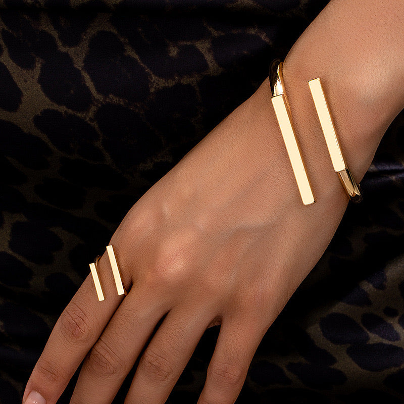 Gold Geometric Bracelet & Ring Set | Minimalist Bar Jewelry for Women