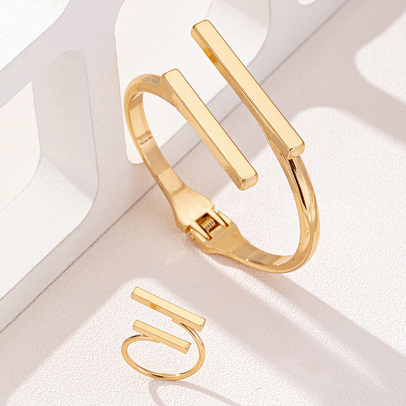 Gold Geometric Bracelet & Ring Set | Minimalist Bar Jewelry for Women