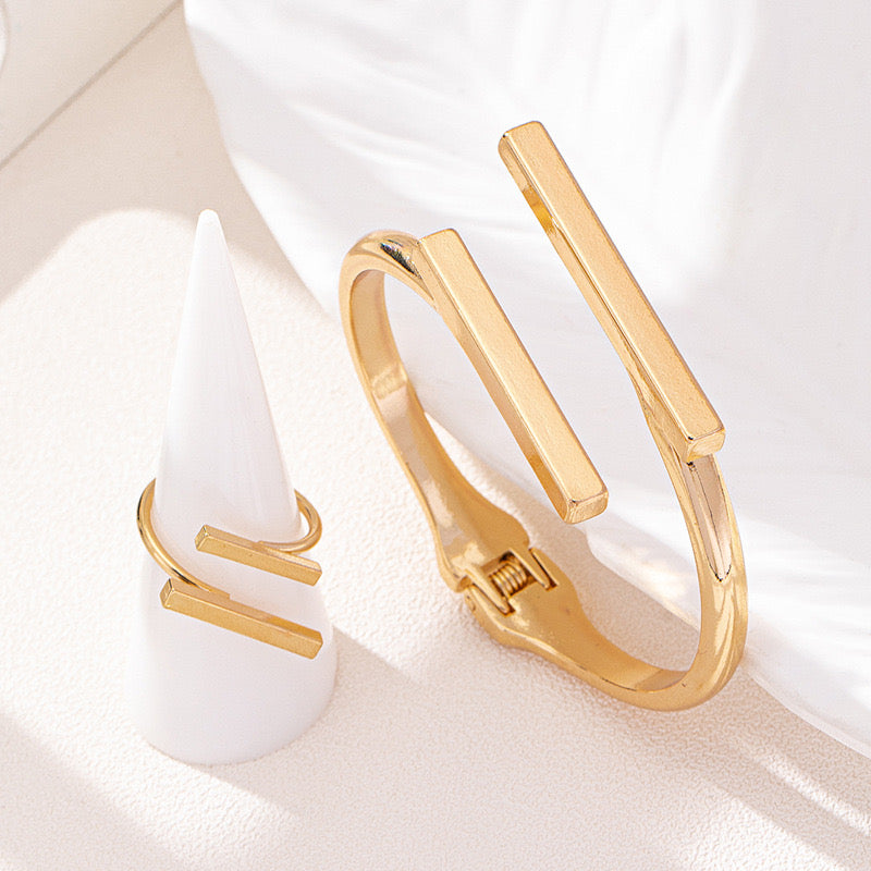 Gold Geometric Bracelet & Ring Set | Minimalist Bar Jewelry for Women