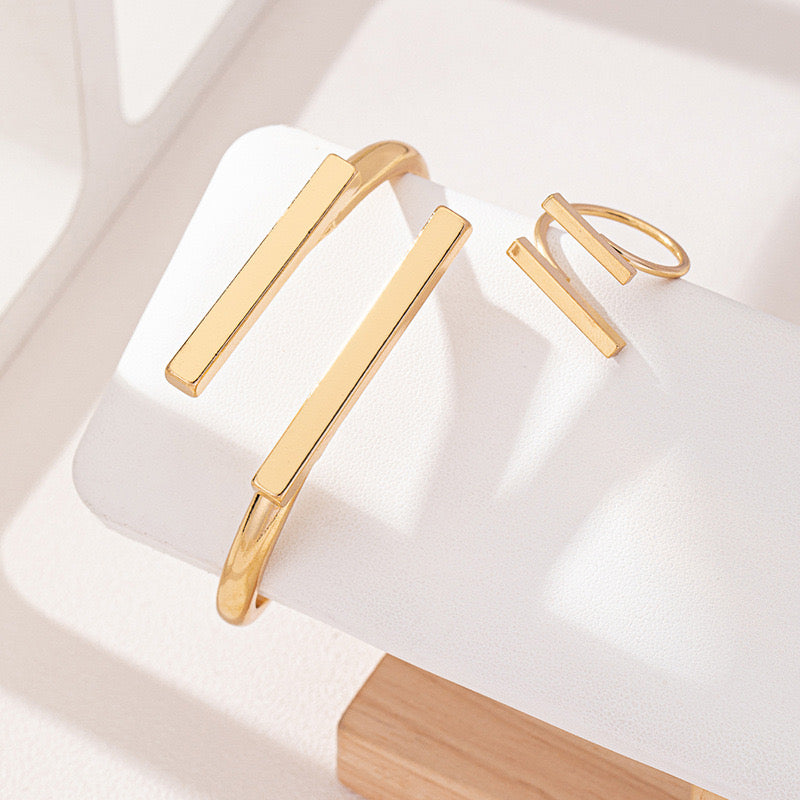 Gold Geometric Bracelet & Ring Set | Minimalist Bar Jewelry for Women