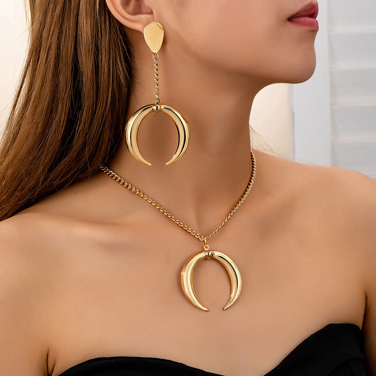 Gold Crescent Moon Necklace & Earring Set | Statement Jewelry for Women
