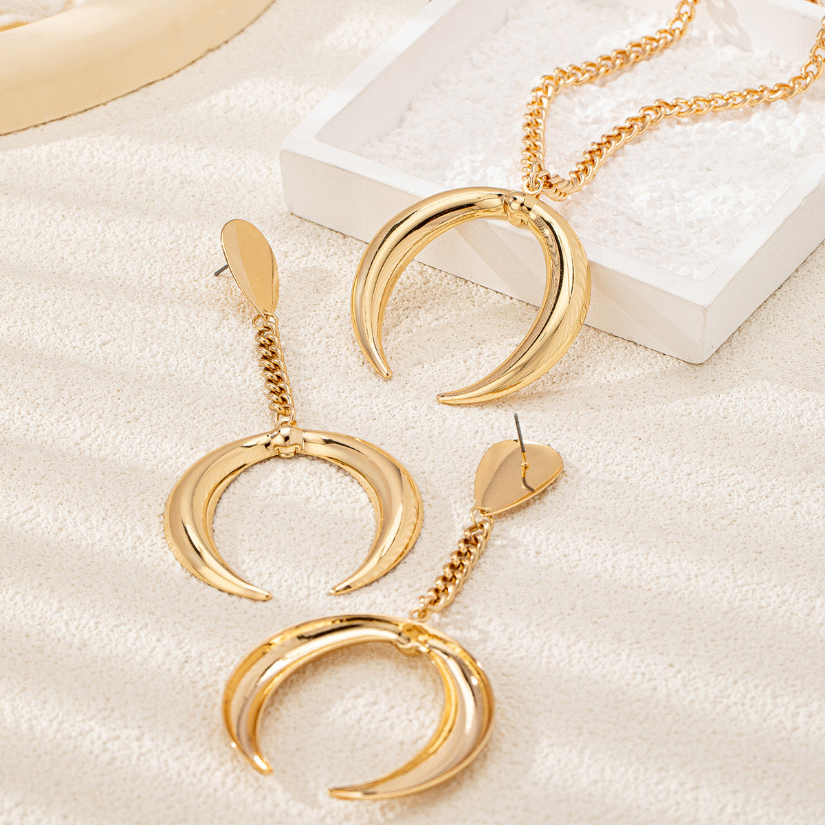 Gold Crescent Moon Necklace & Earring Set | Statement Jewelry for Women