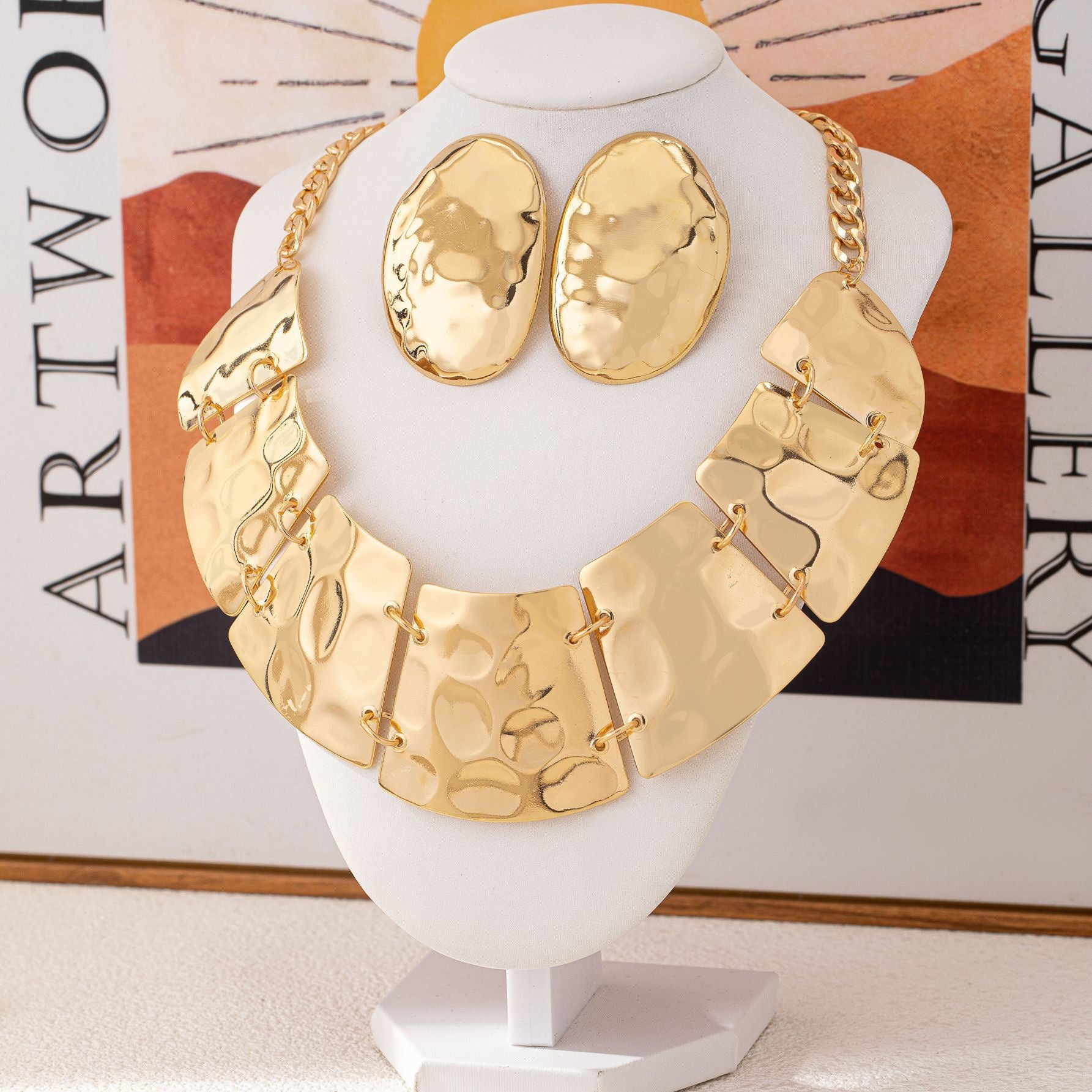 Gold Hammered Necklace & Earrings Set | Statement Fashion Jewelry for Women