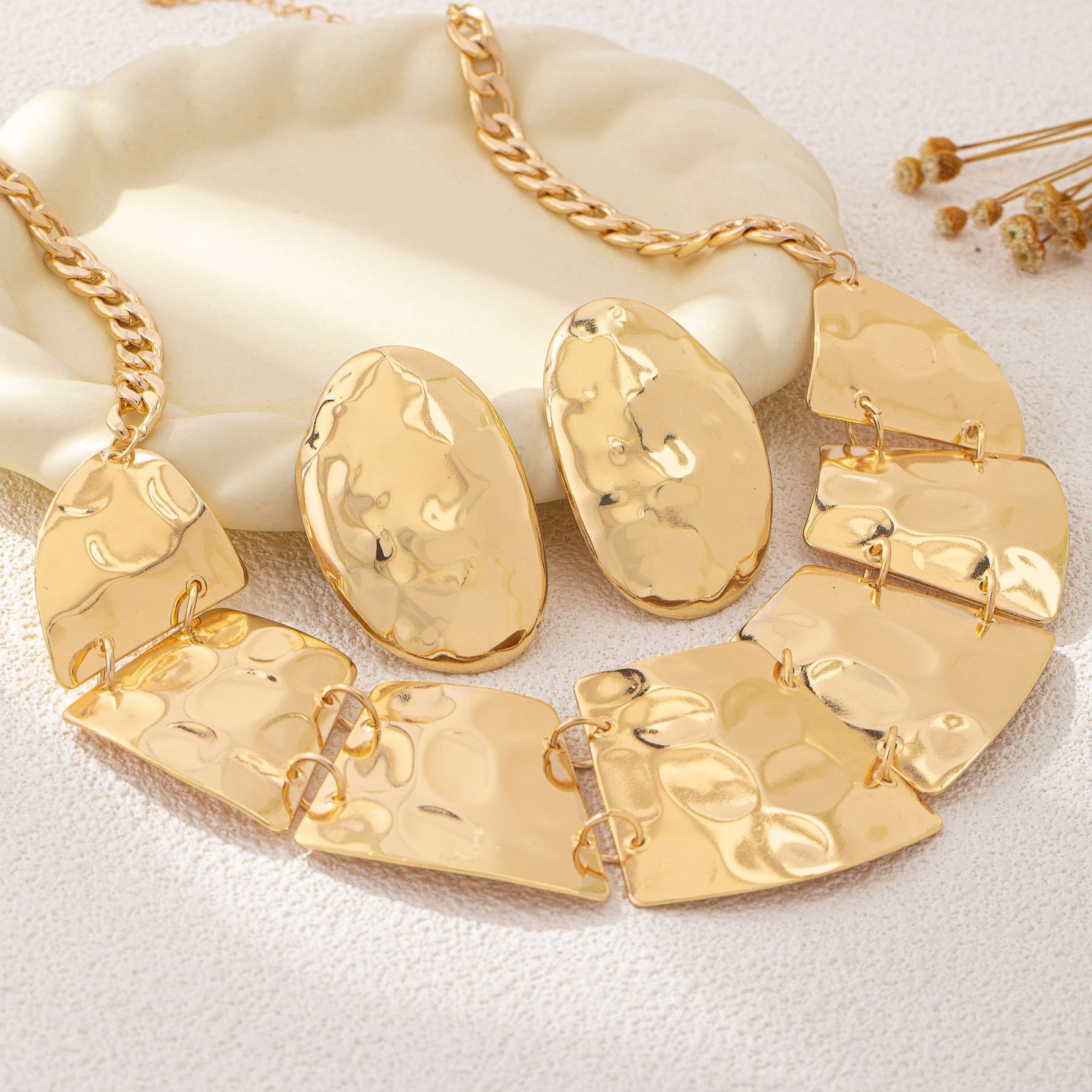 Gold Hammered Necklace & Earrings Set | Statement Fashion Jewelry for Women