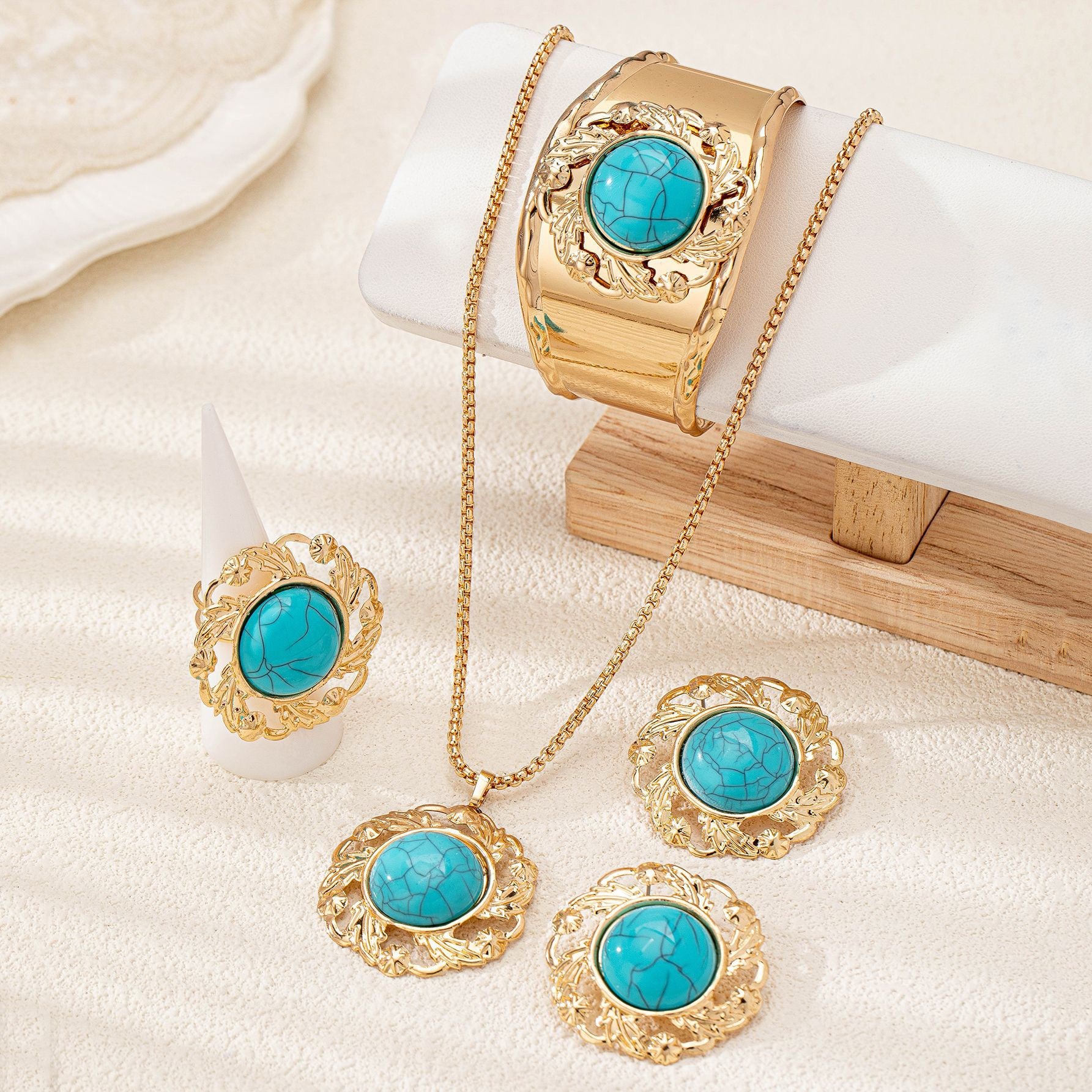 Gold & Turquoise Jewelry Set | 4-Piece Statement Necklace, Bracelet, Earrings & Ring