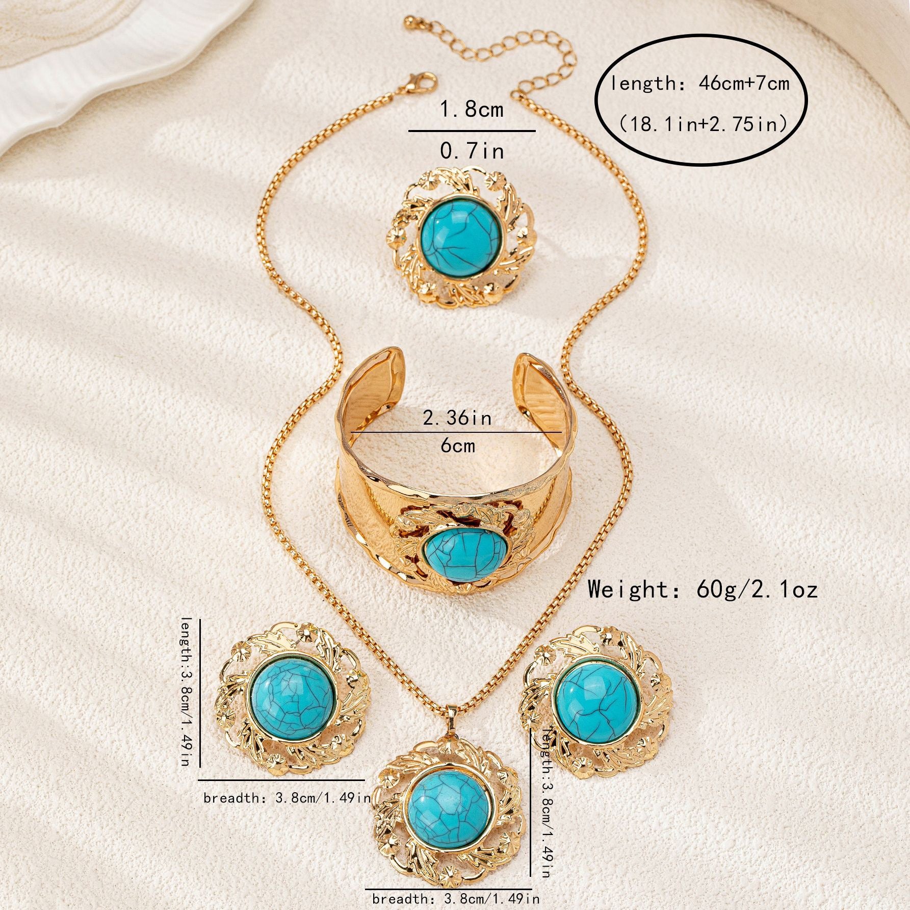 Gold & Turquoise Jewelry Set | 4-Piece Statement Necklace, Bracelet, Earrings & Ring