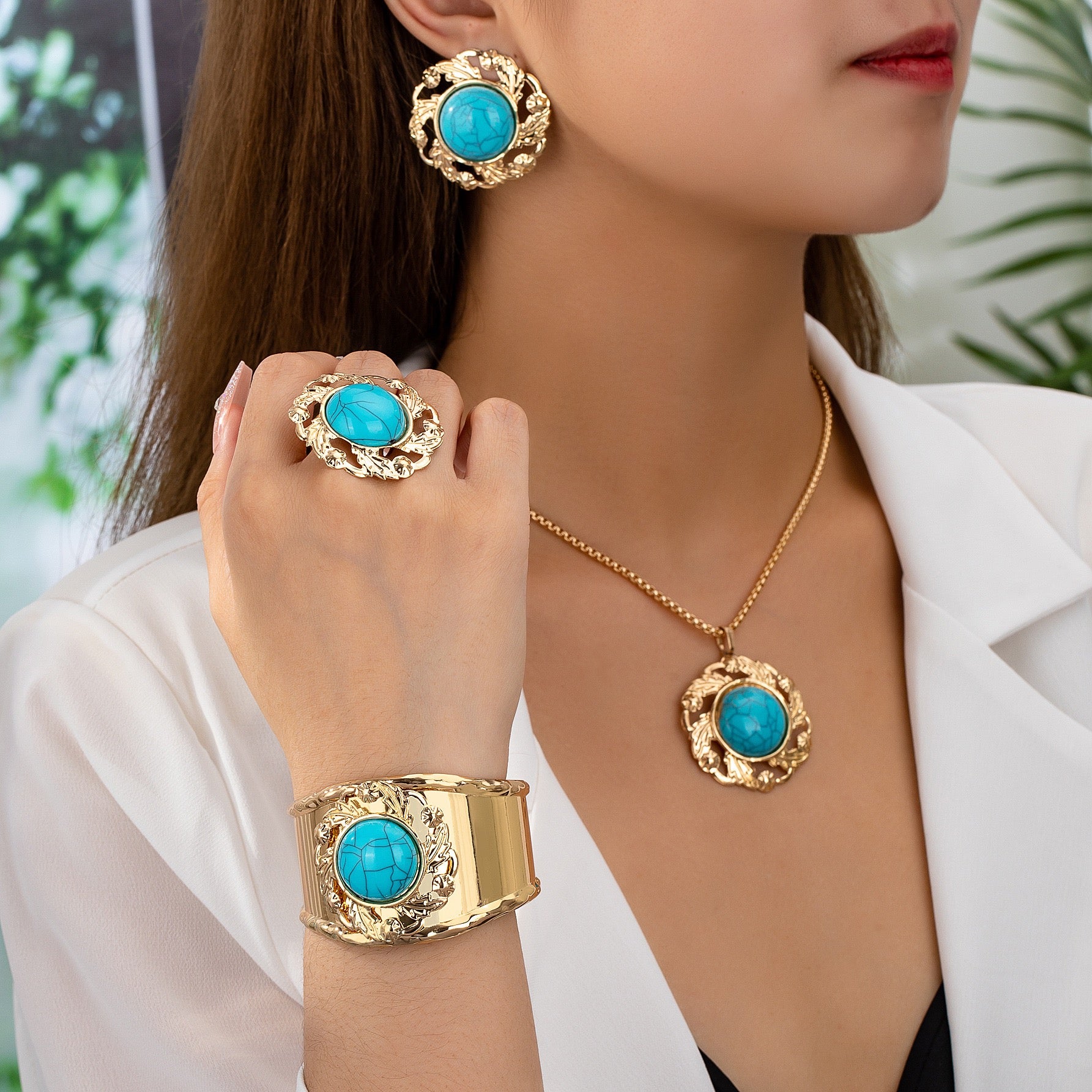 Gold & Turquoise Jewelry Set | 4-Piece Statement Necklace, Bracelet, Earrings & Ring
