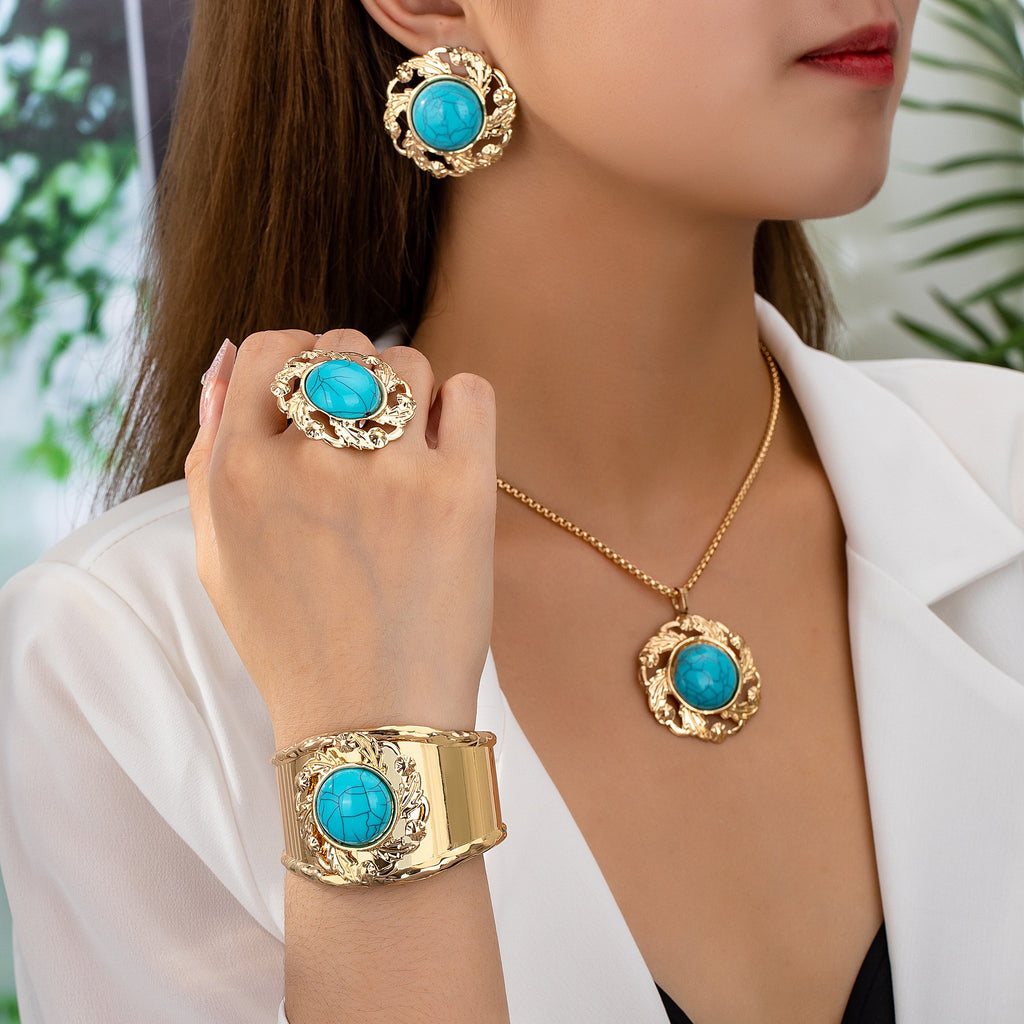 Gold & Turquoise Jewelry Set | 4-Piece Statement Necklace, Bracelet, Earrings & Ring