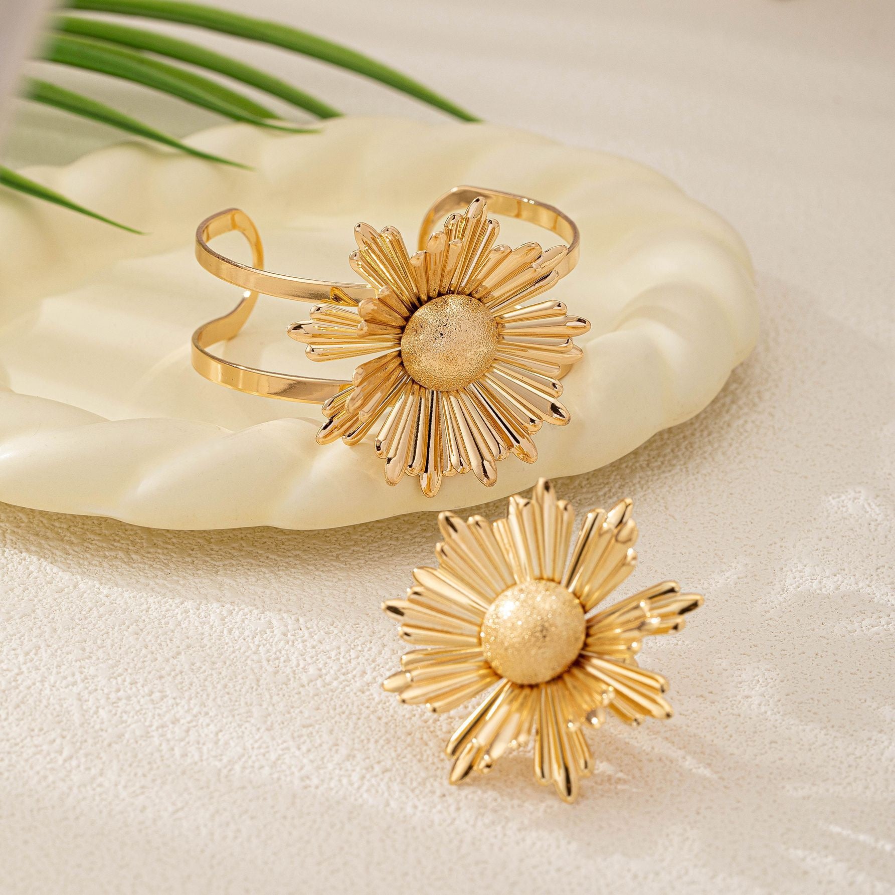 Gold Flower Bracelet & Ring Set | Sunburst Statement Jewelry for Women