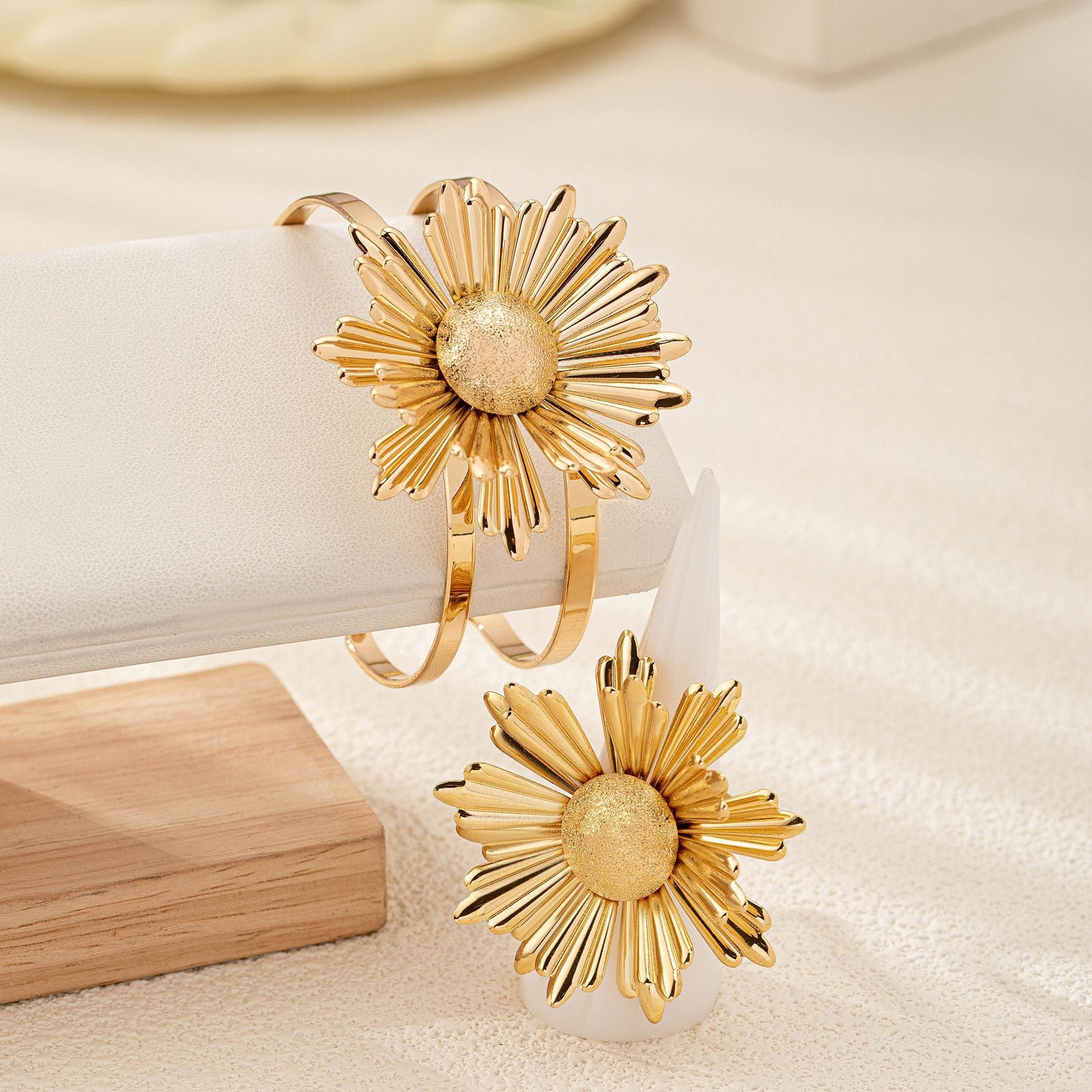 Gold Flower Bracelet & Ring Set | Sunburst Statement Jewelry for Women