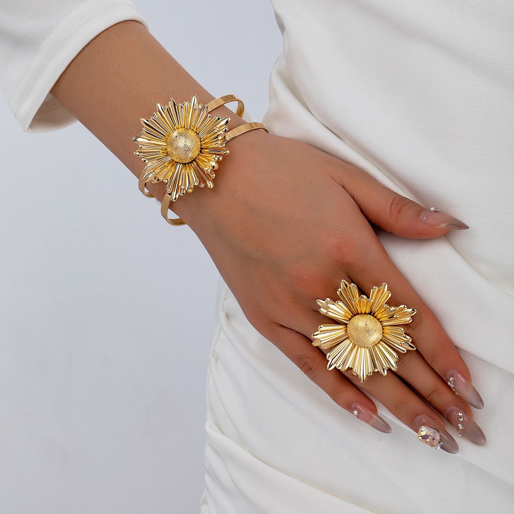 Gold Flower Bracelet & Ring Set | Sunburst Statement Jewelry for Women