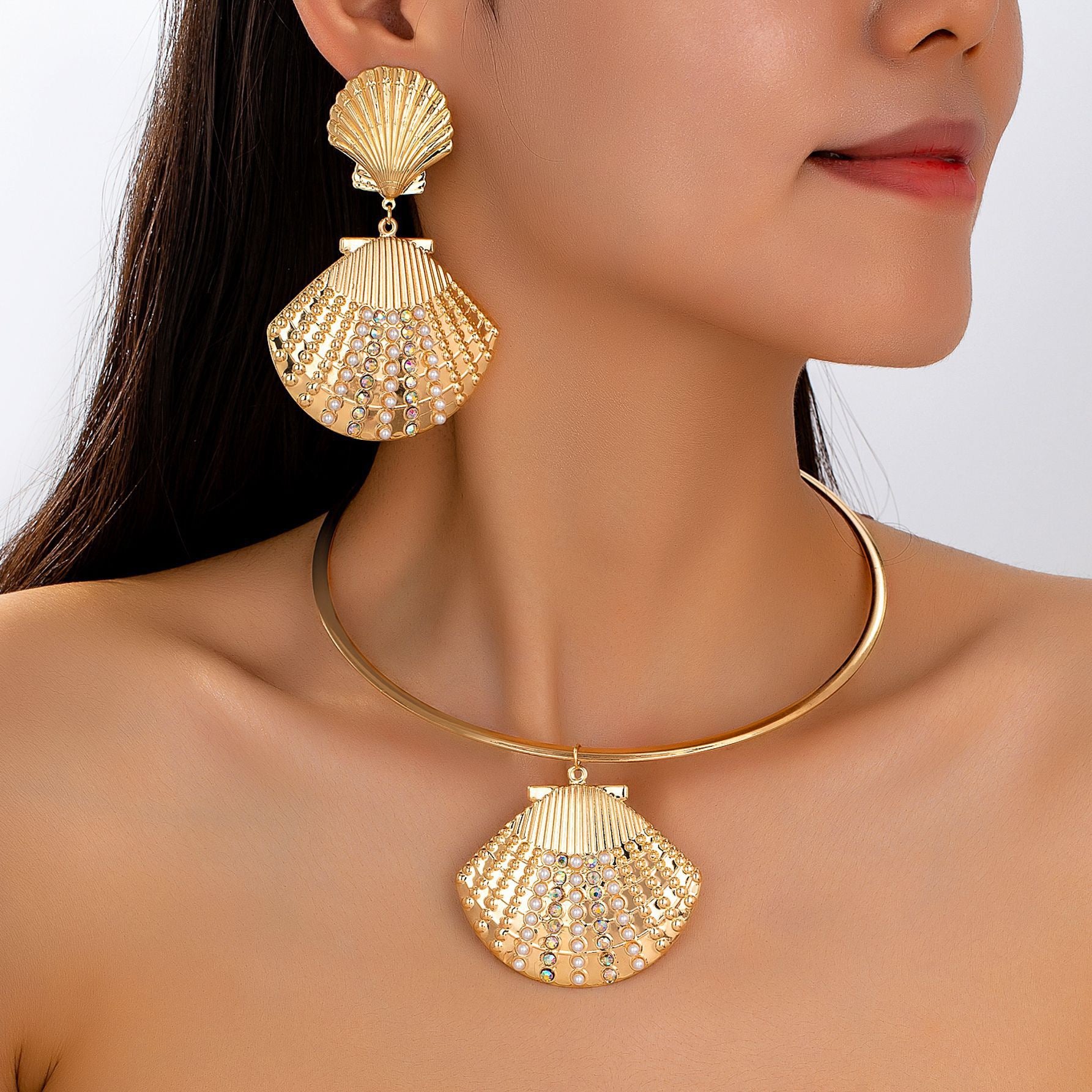 Gold Seashell Necklace & Earrings Set with Crystal Accents | Statement Jewelry for Women