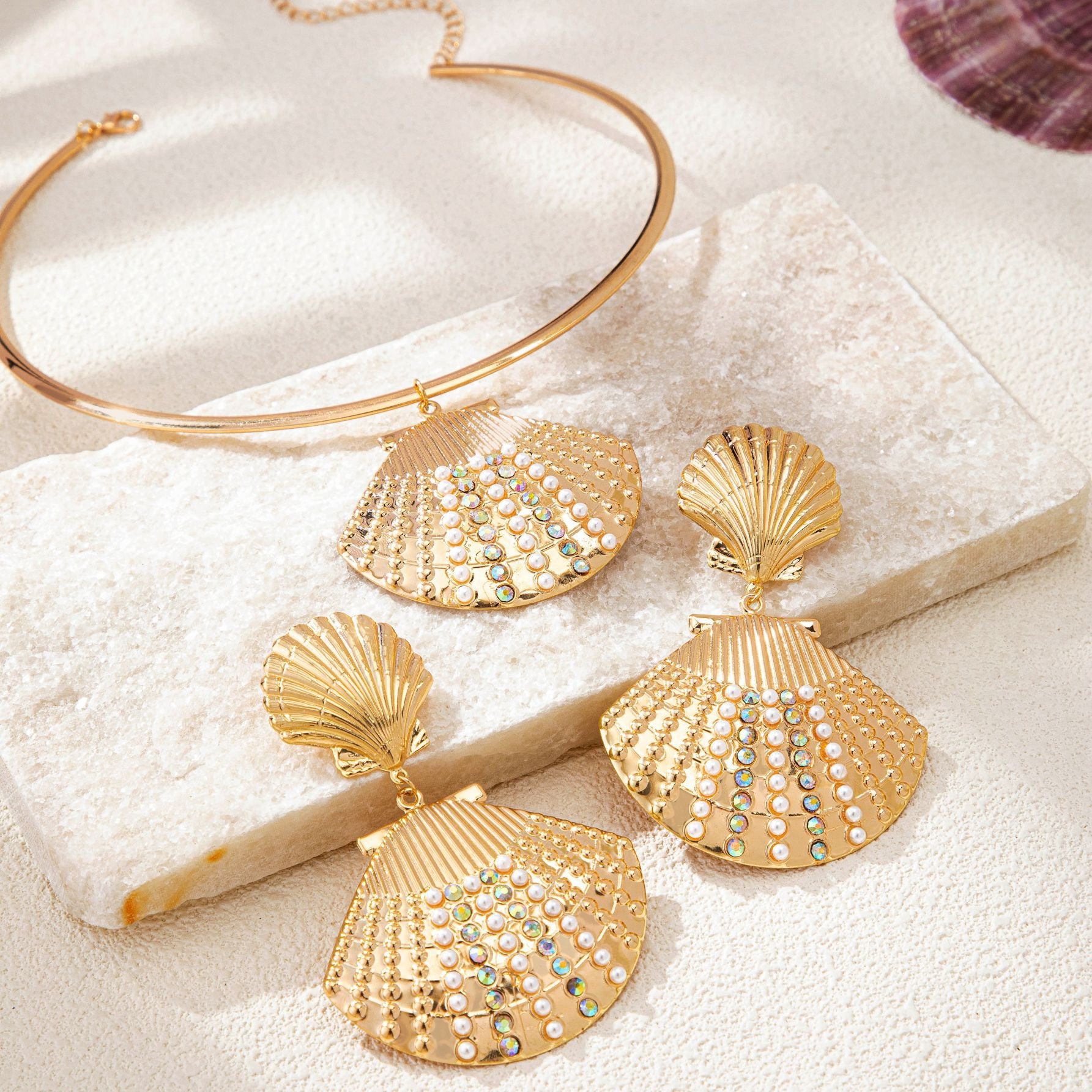 Gold Seashell Necklace & Earrings Set with Crystal Accents | Statement Jewelry for Women