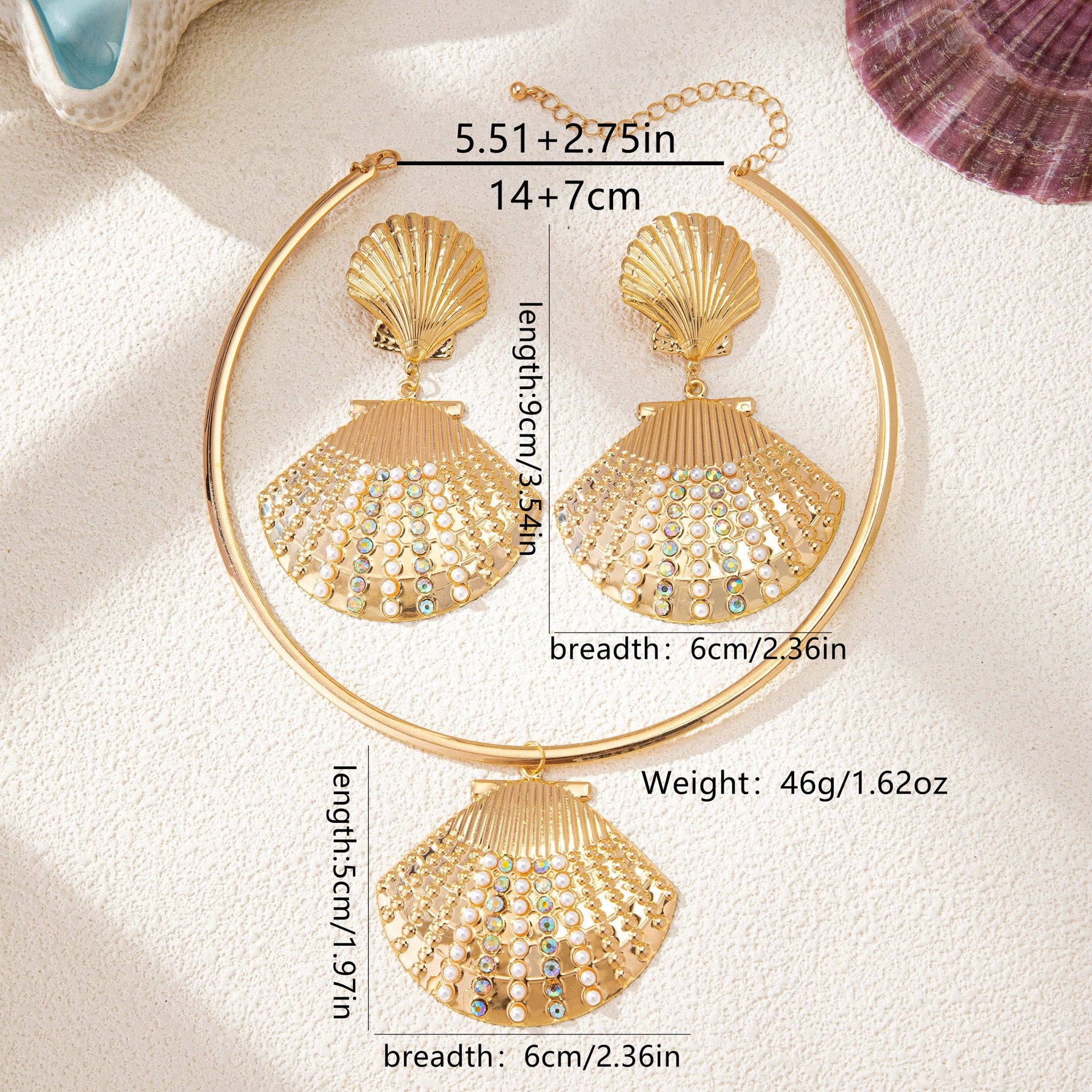 Gold Seashell Necklace & Earrings Set with Crystal Accents | Statement Jewelry for Women