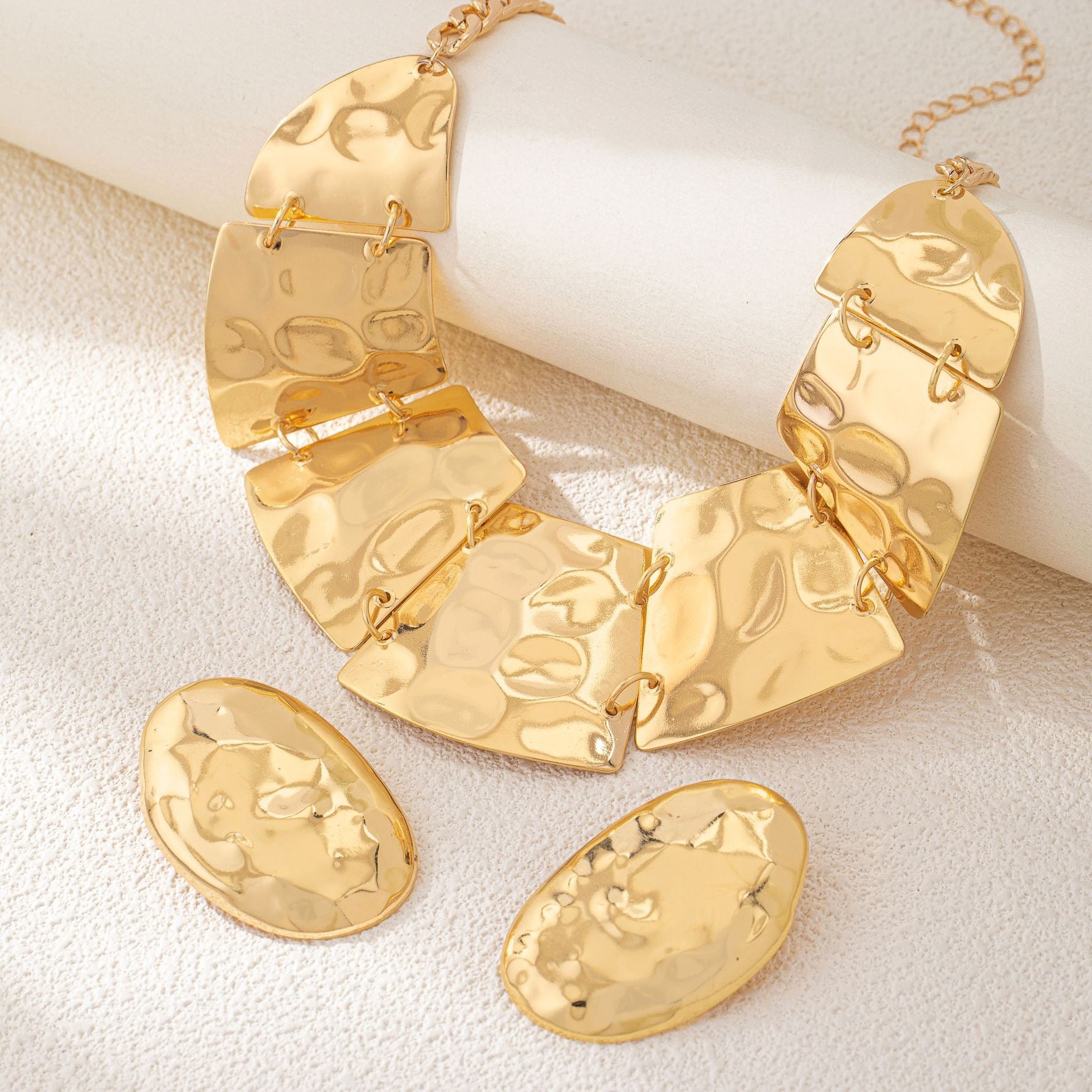 Gold Hammered Necklace & Earrings Set | Statement Fashion Jewelry for Women