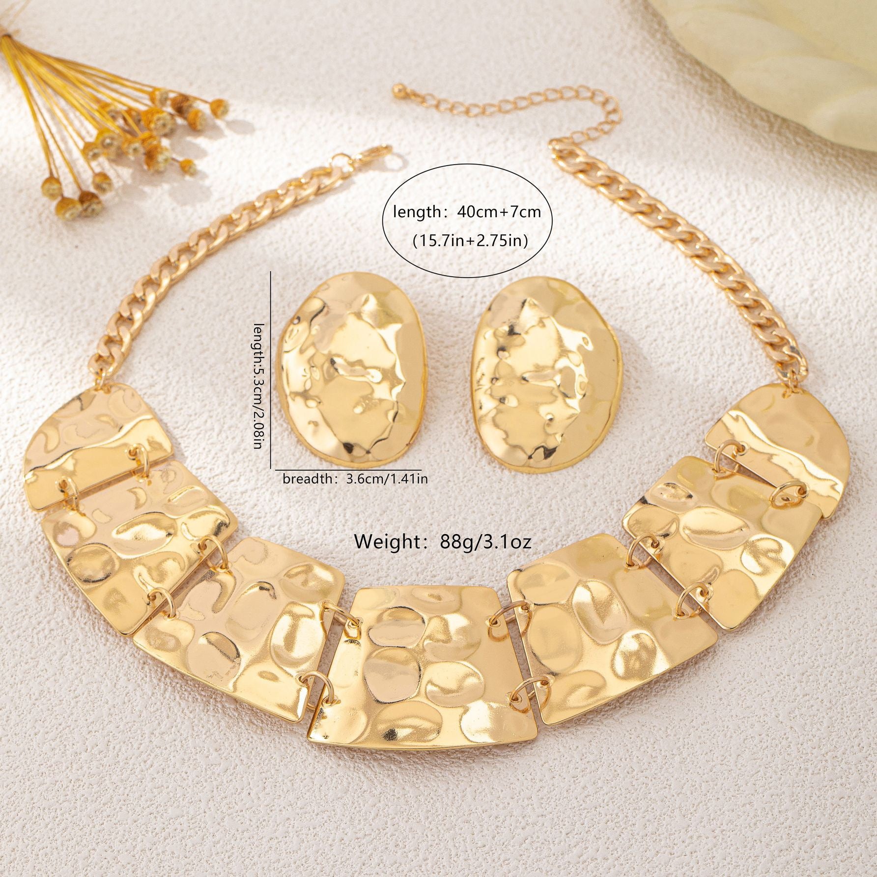 Gold Hammered Necklace & Earrings Set | Statement Fashion Jewelry for Women